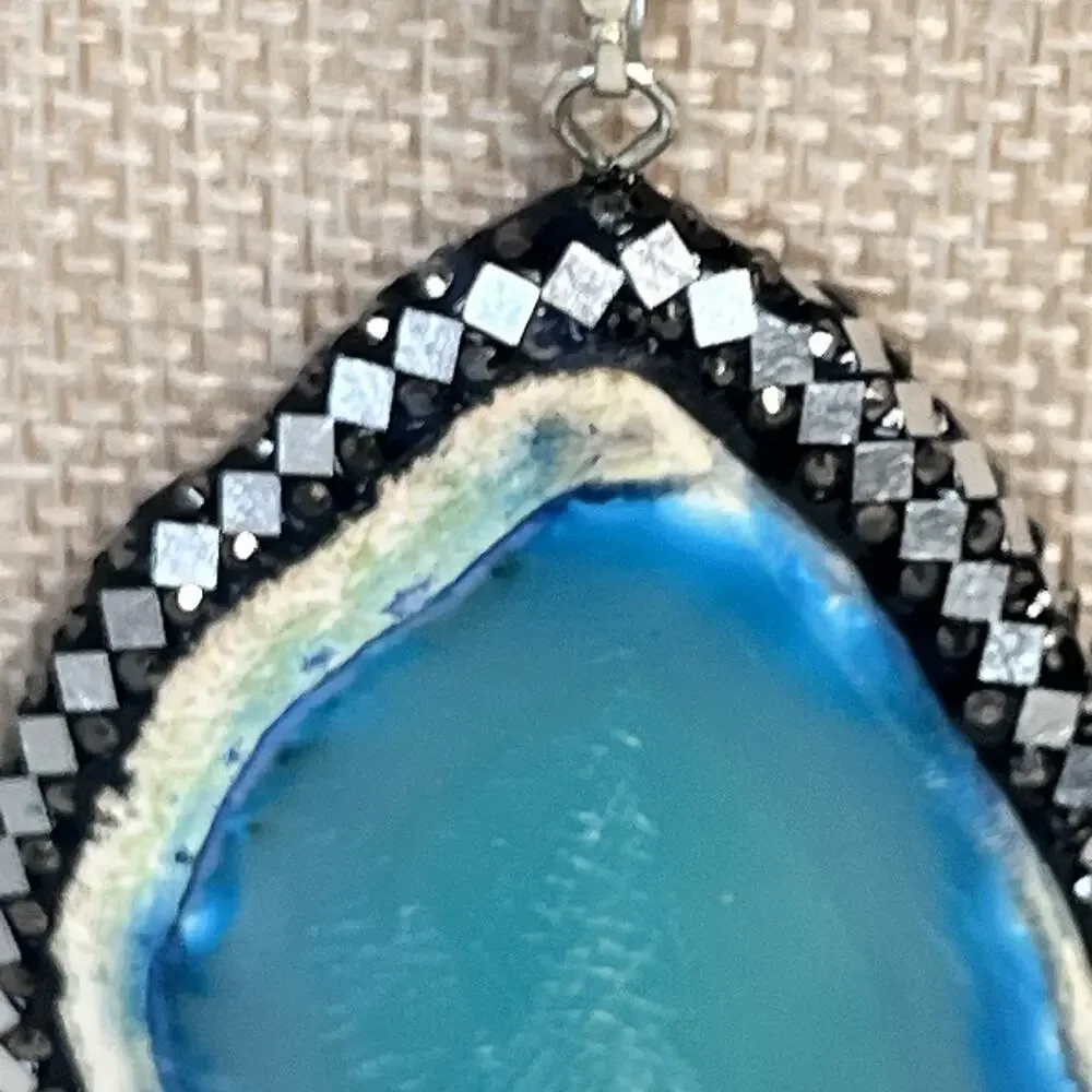 Vintage Sterling Silver 925 Blue Aqua Agate Slice Pendant Necklace 16" (#23) - Picture 3 of 16